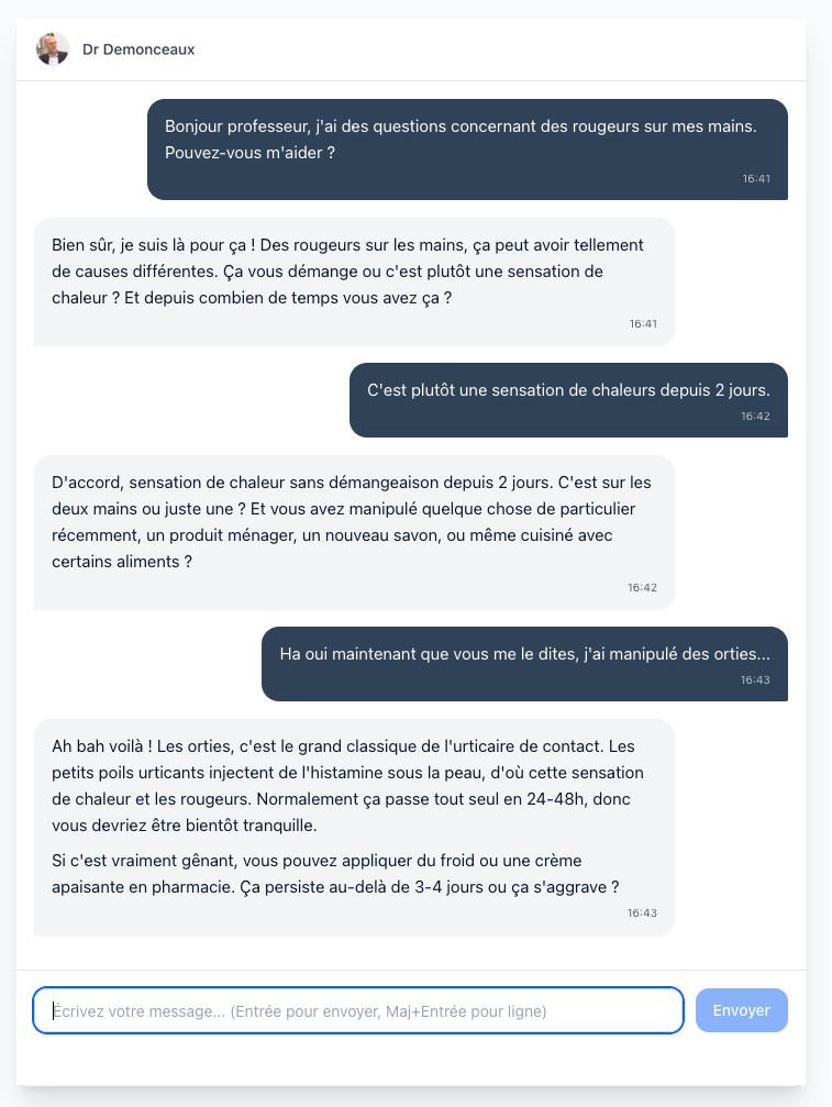 Interface du chat avec le Dr Demonceaux